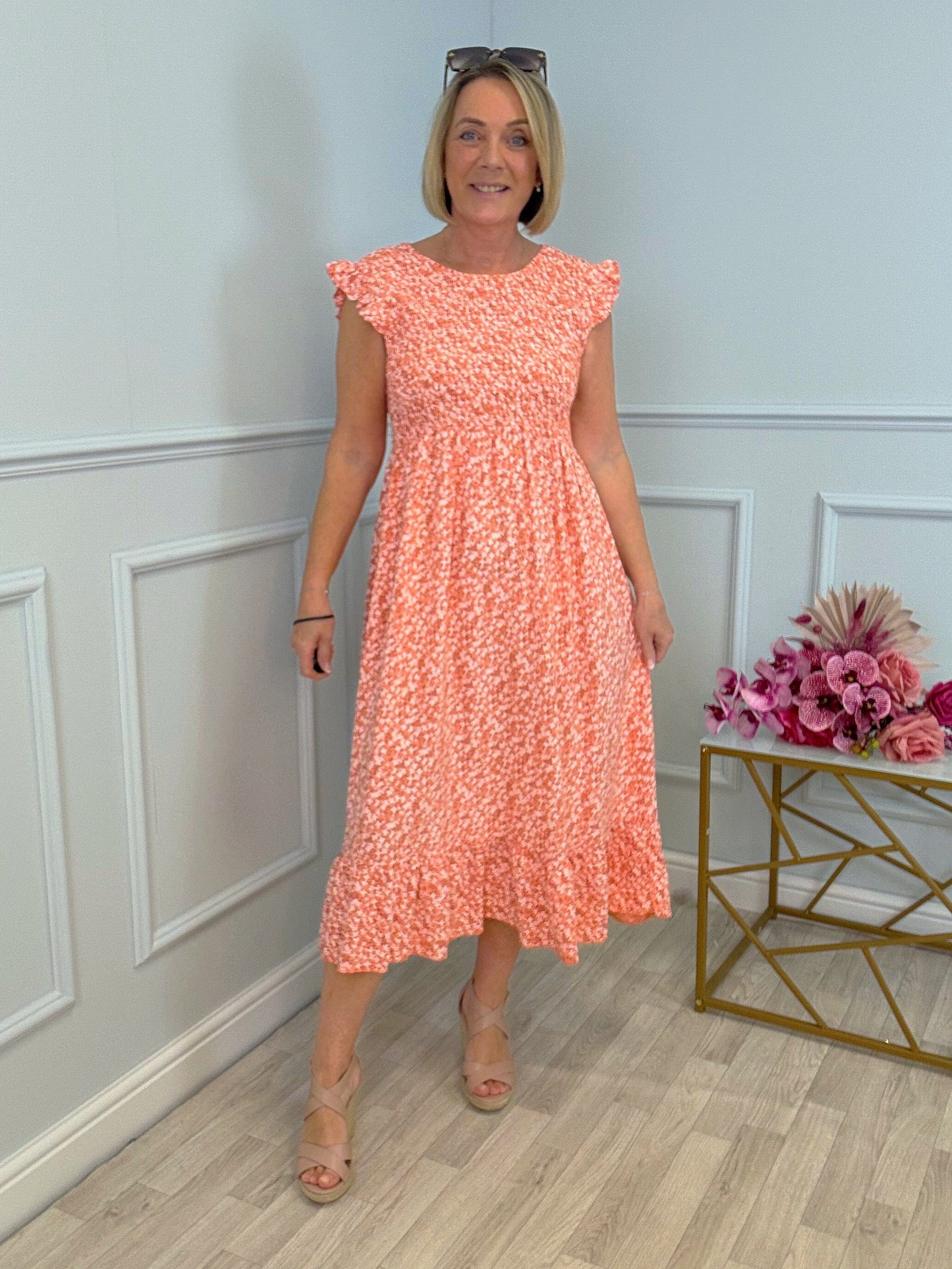 Irina Ditsy Print Midi Dress 8-16 Peach - Susie's Boutique