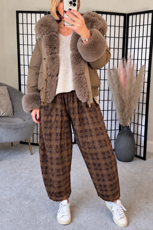 Martha Pin Cord Barrel Trousers – Chocolate Check