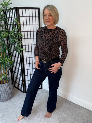 Carissa Flocked Leopard Print Mesh Top 8-18 Chocolate Leopard