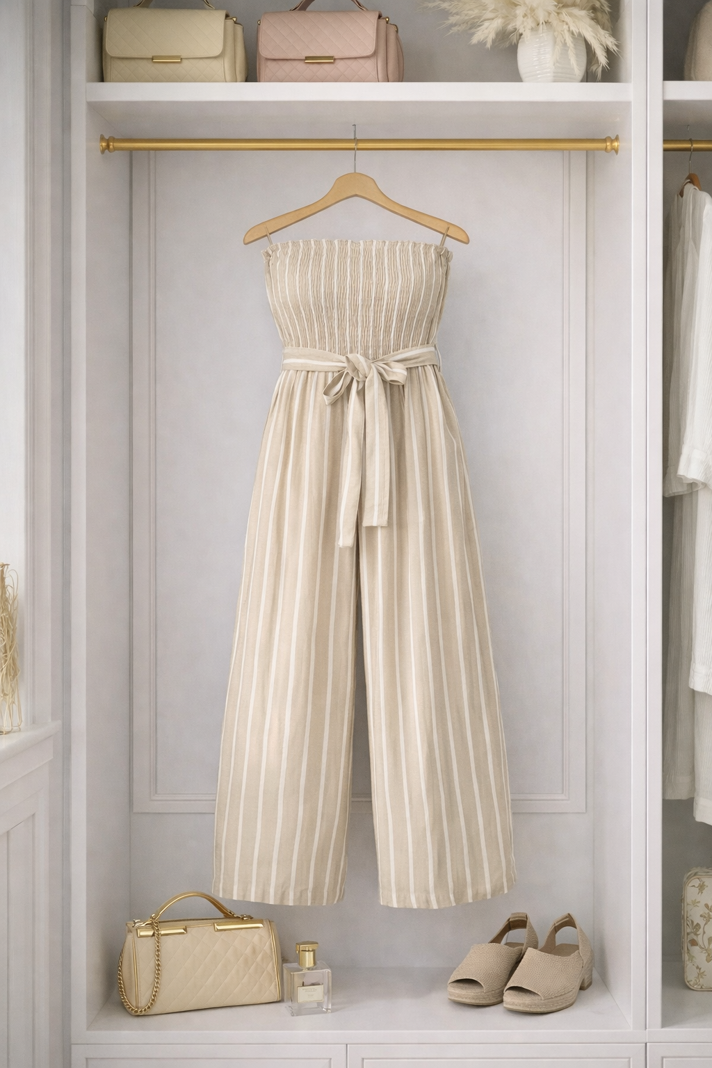 Elodie Pinstripe Shirred Tie Neck Jumpsuit 8-16 No Returns on Sale Items