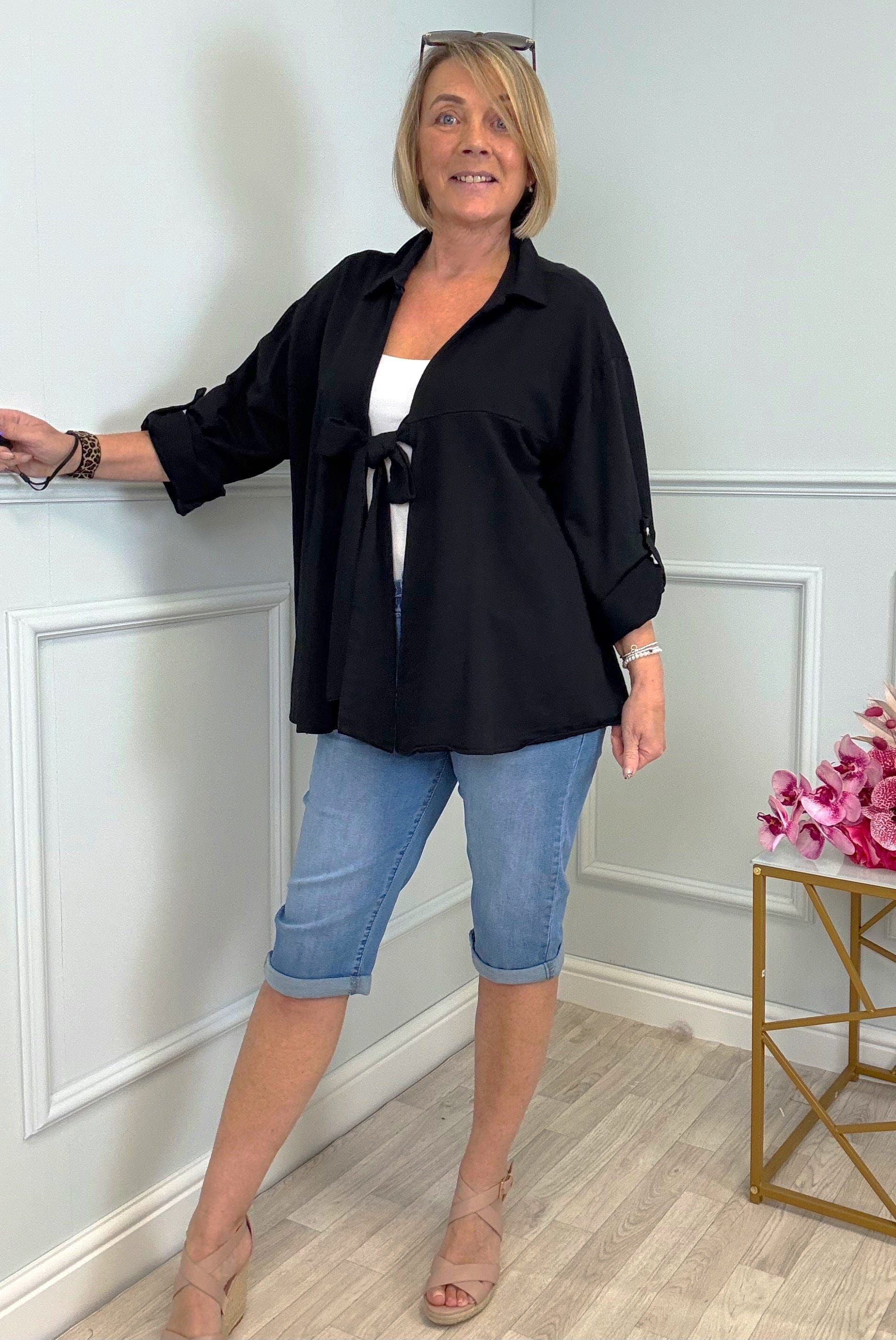Eliza Tie-Front Lightweight Jacket with Roll-Up Sleeves 10-20 Black