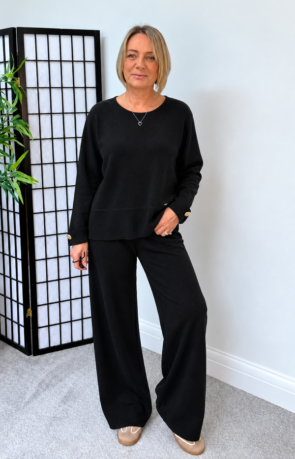 Florence Knitted Wide Leg Co-Ord Set – Black Cashmere