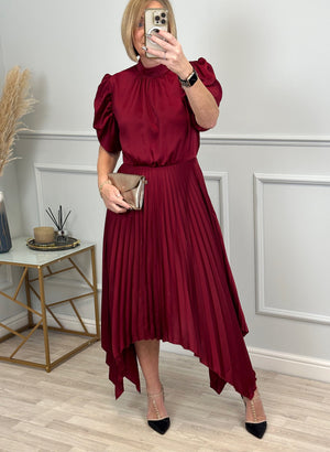 AX Paris Delphine Puff Sleeve Pleated Midi Dress Wine NO RETURNS ON SALE ITEMS