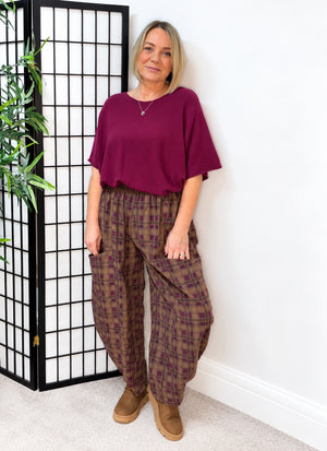Martha Pin Cord Barrel Trousers – Burgundy Check