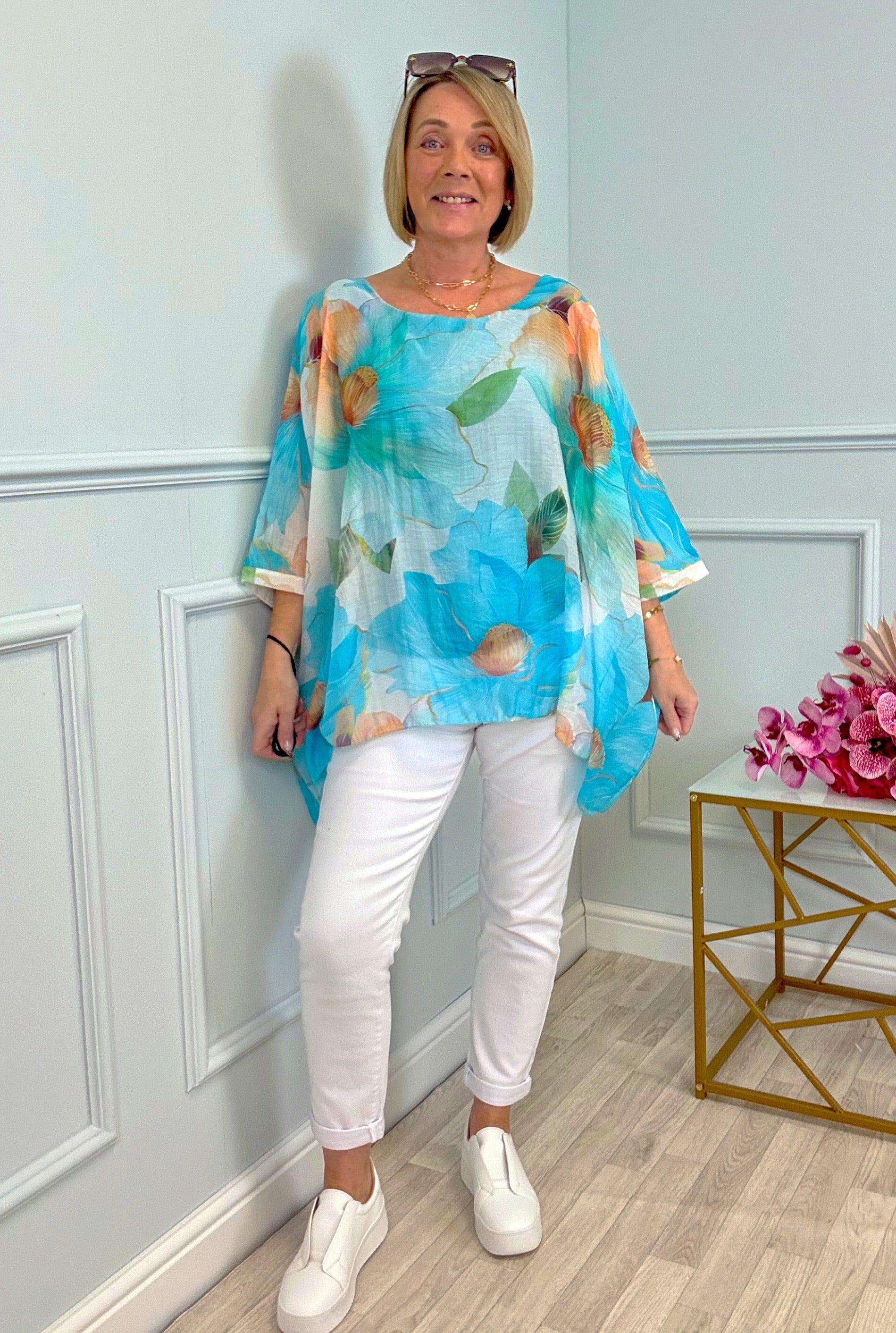 Lyra Oversized Floral Print Top 10-20 Turquoise