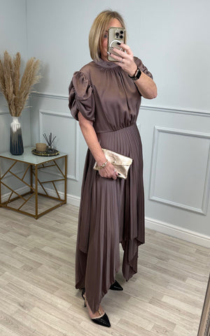 AX Paris Delphine Puff Sleeve Pleated Midi Dress Taupe NO RETURNS ON SALE ITEMS