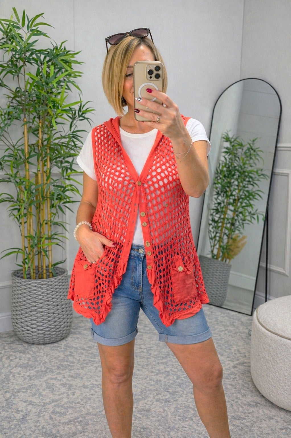 Crochet Mesh Sleeveless Cardigan Waistcoat 10-18 holiday cover