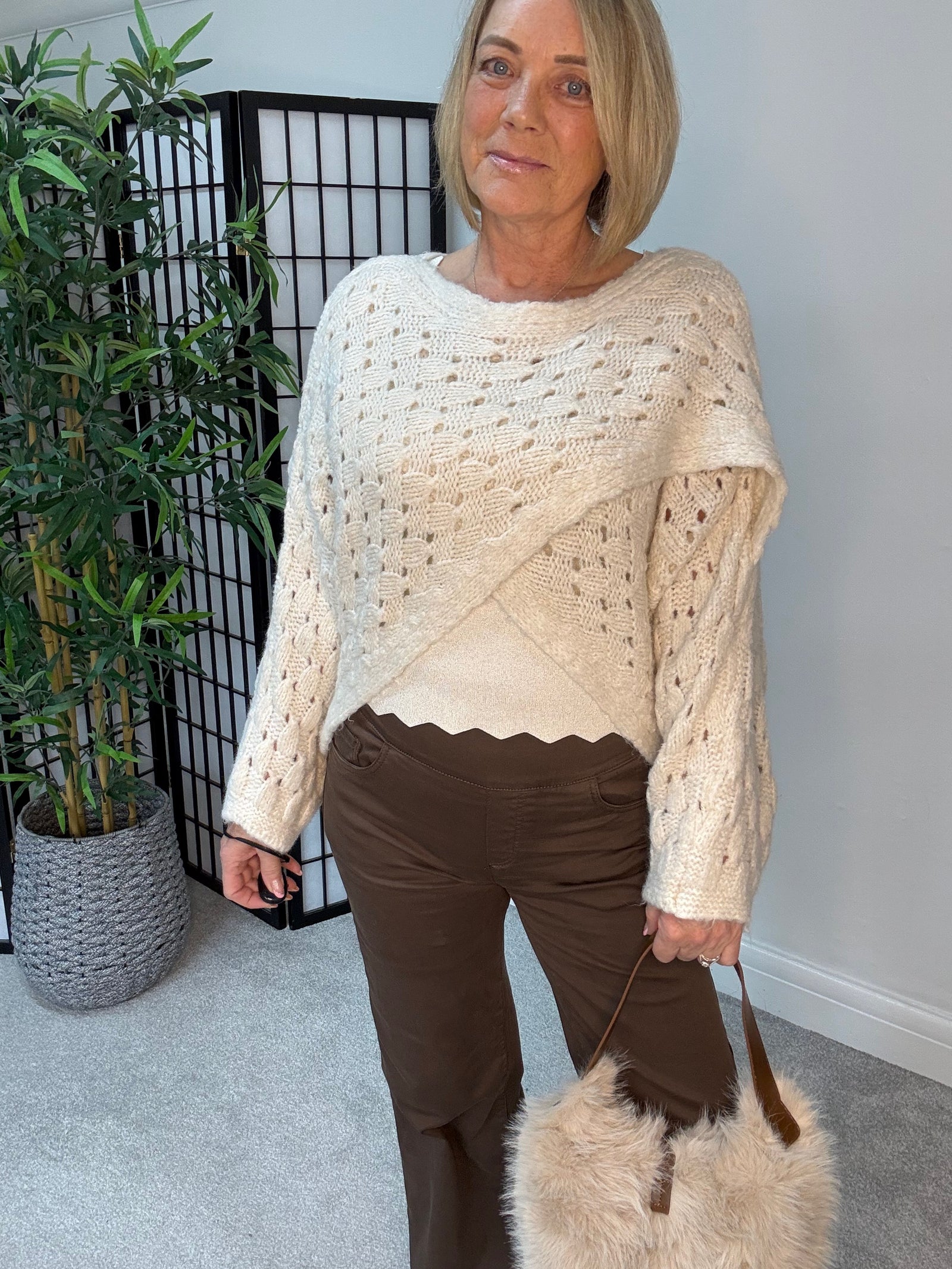 Orla Open Knit Crossover Jumper – Cream