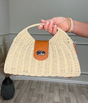 Woven  Half Moon Handbag with Body Strap Natural