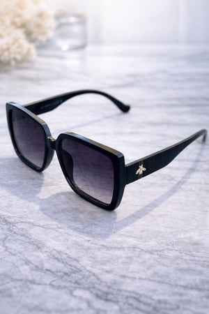 Oversized Square Frame Sunglasses with Bee Emblem