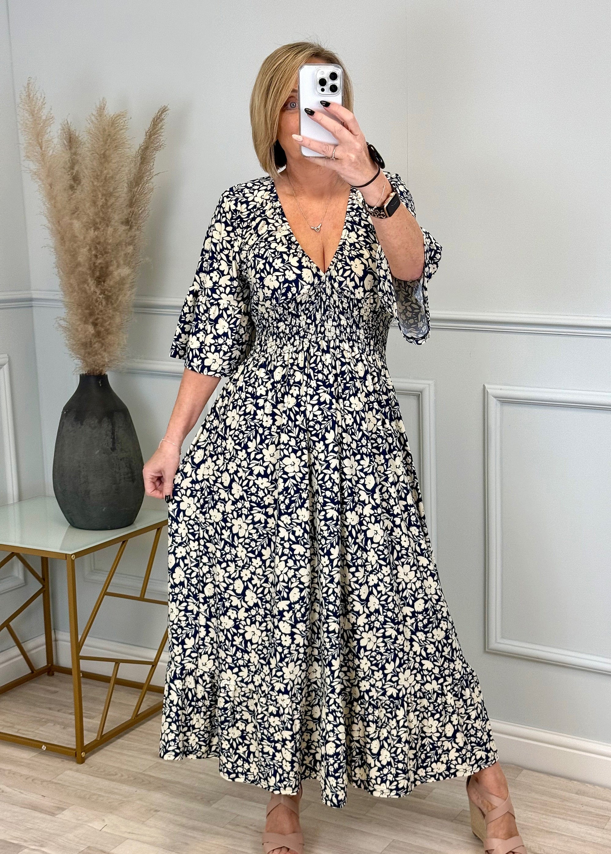 Azalea Flower V-Neck Shirred Waist Midi Dress Navy - Flowy & Elegant Design (Sizes 8-20) - Susie's Boutique