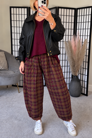 Martha Pin Cord Barrel Trousers – Burgundy Check