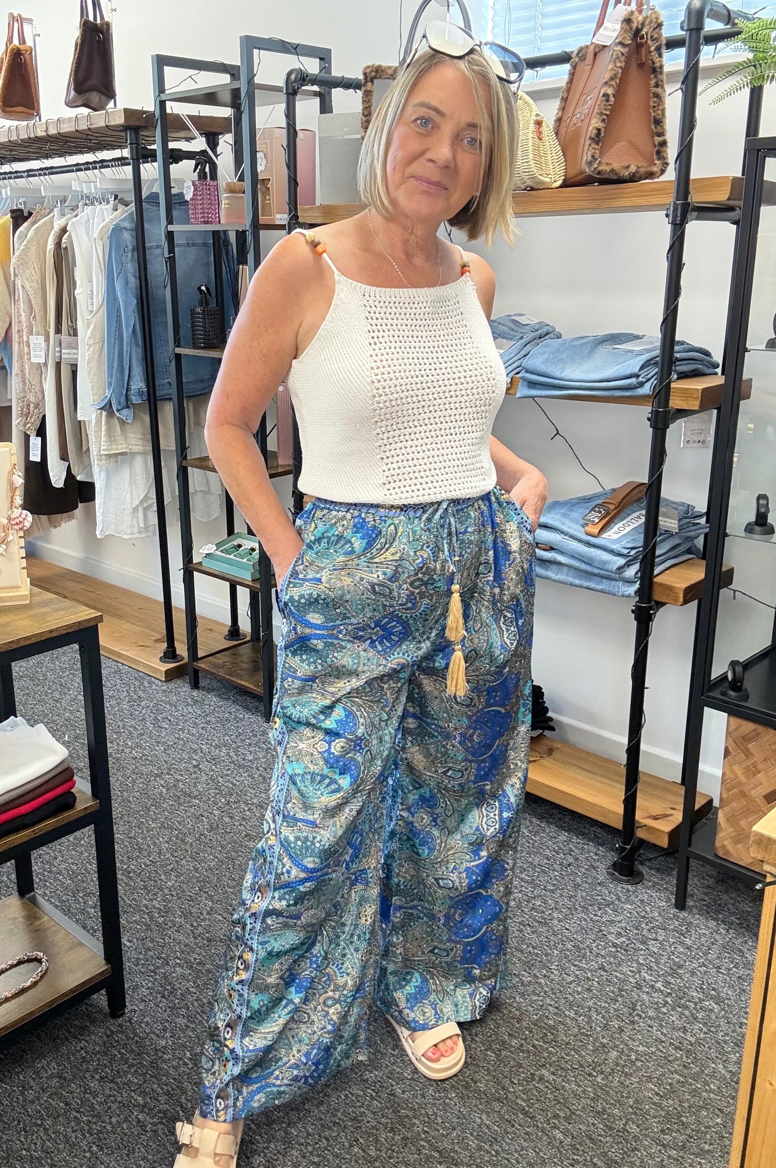 Mila Paisley Wide-Leg Tassel Trousers 8-16 Aqua
