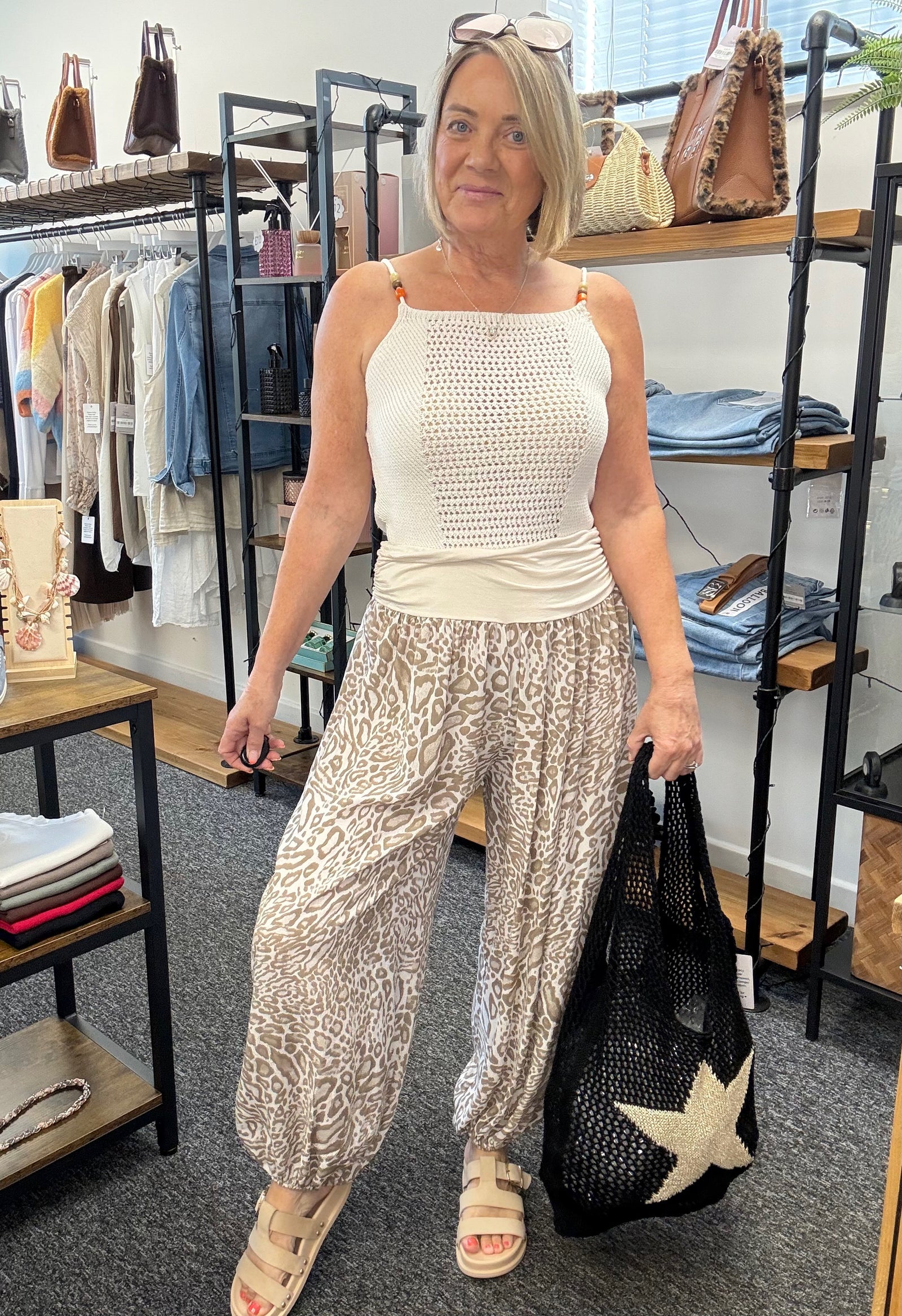 Leopard Print Harem Barrel Trousers 8-16 Sand