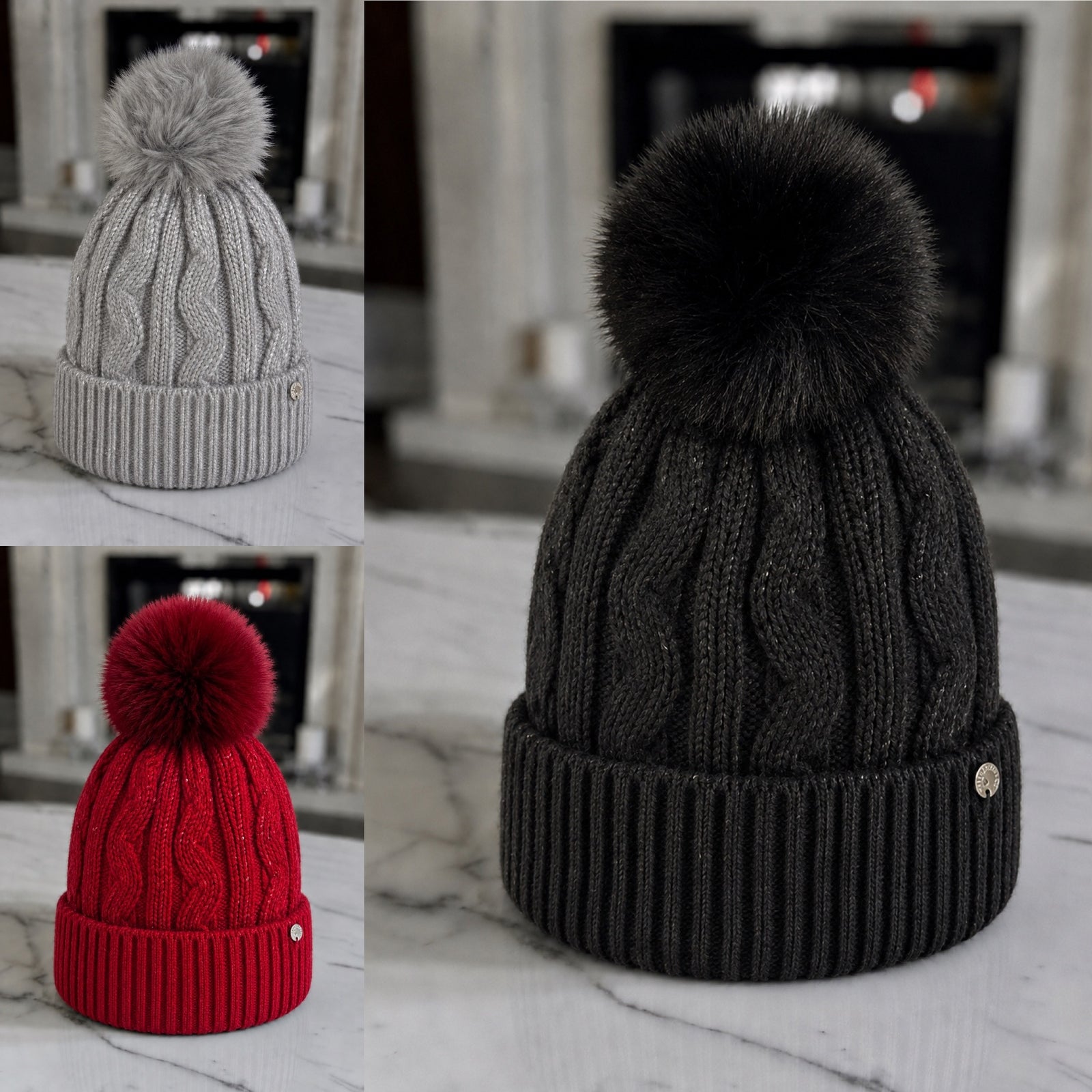 Metallic Fleck Cable Knit Pom Pom Hat – Fleece Lined