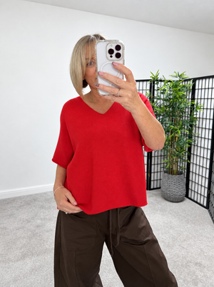 Serelai Luxe V-Neck Wide-Sleeve Jumper – Red