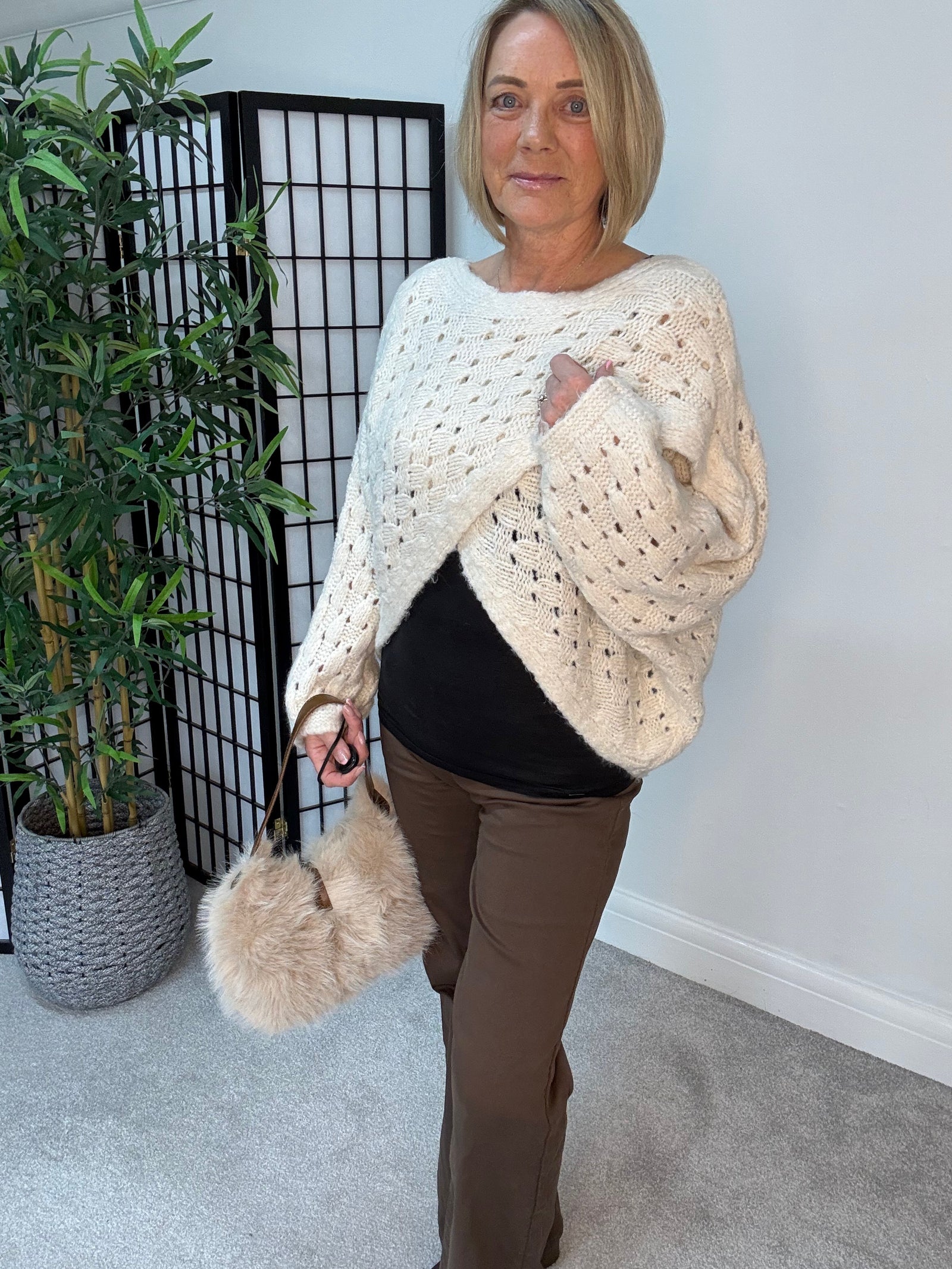 Orla Open Knit Crossover Jumper – Cream