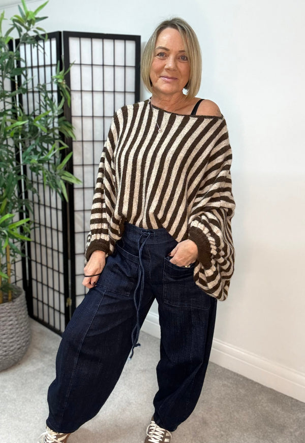 Heidi Oversized Balloon Sleeve Knitted Jumper – Chocolate & Oatmeal