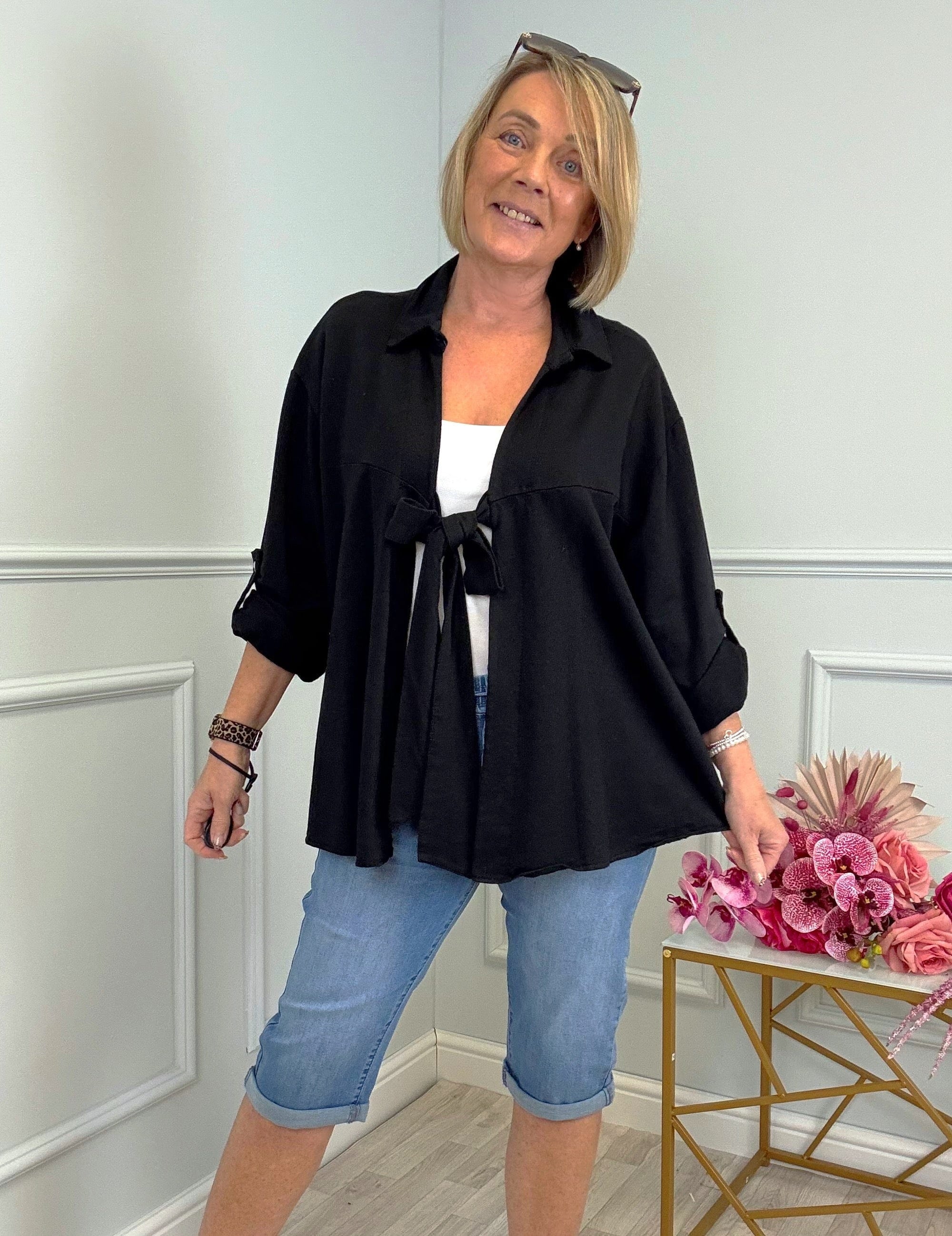 Eliza Tie-Front Lightweight Jacket with Roll-Up Sleeves 10-20 Black