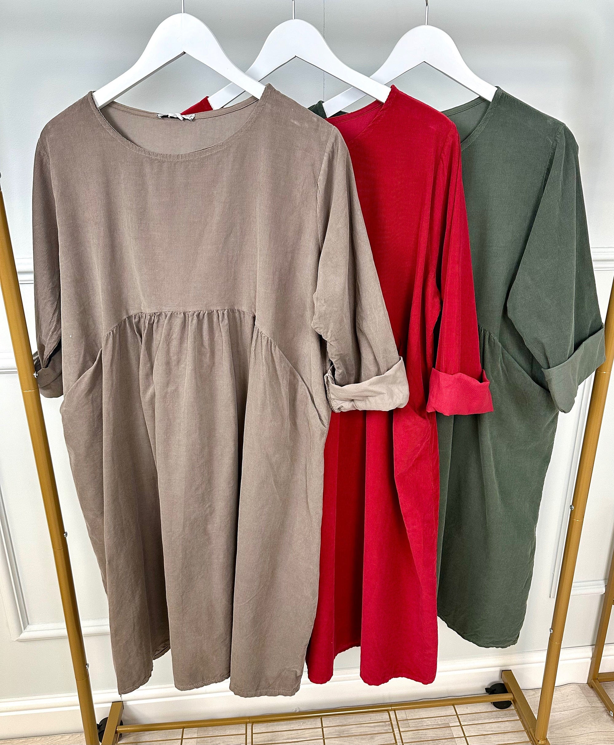 Faye Pin-cord Tunic Dress 10-18 Khaki - Susie's Boutique