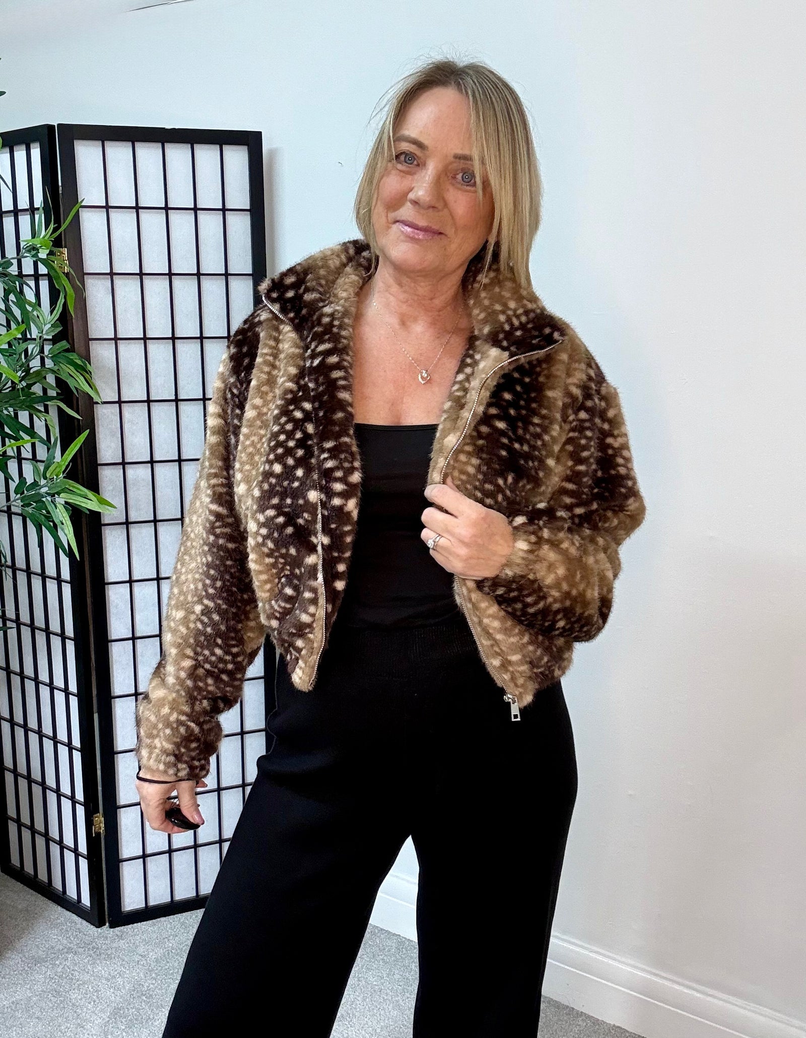 Bambi Fawn Print Faux Fur Jacket