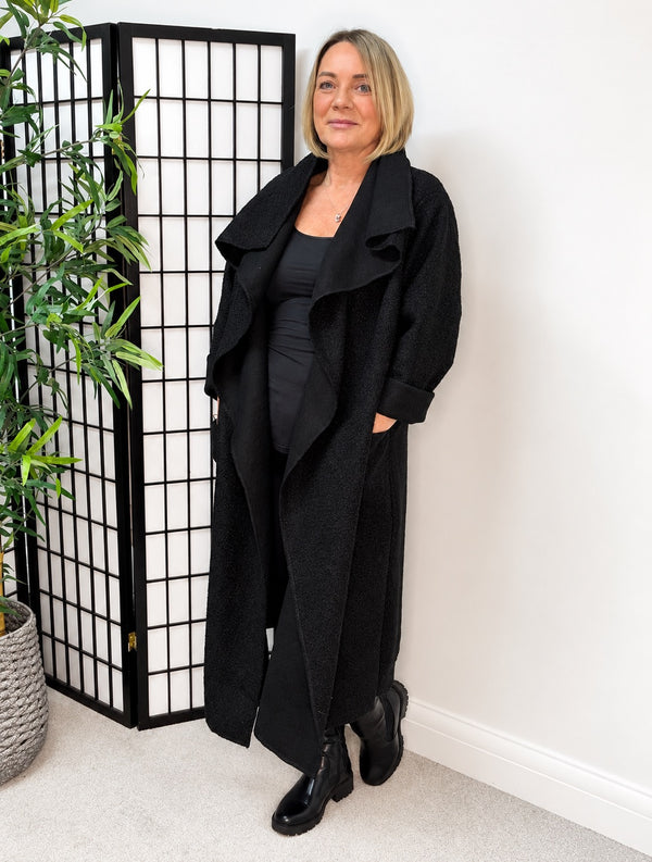 Hattie Bouclé Waterfall Coat – Black