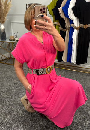 Harlowe V-Neck Belted Dress 8-18 Cerise - Susie's Boutique