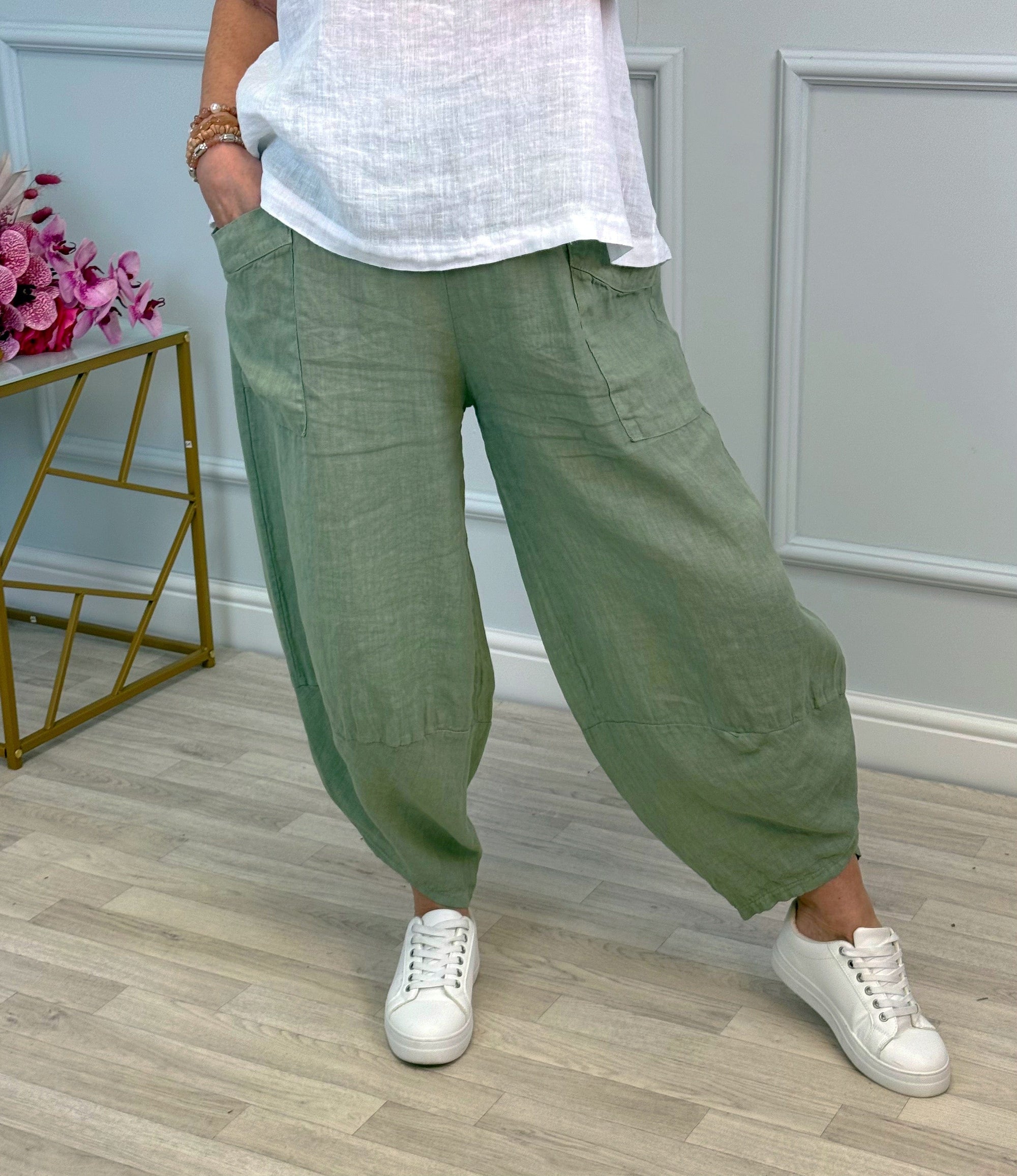 Larisa Quirky Linen Cocoon Pants 8-14 Khaki - Susie's Boutique