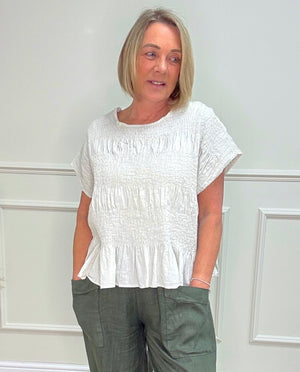 Freya Crinkle Frill Hem Linen Top – Beige