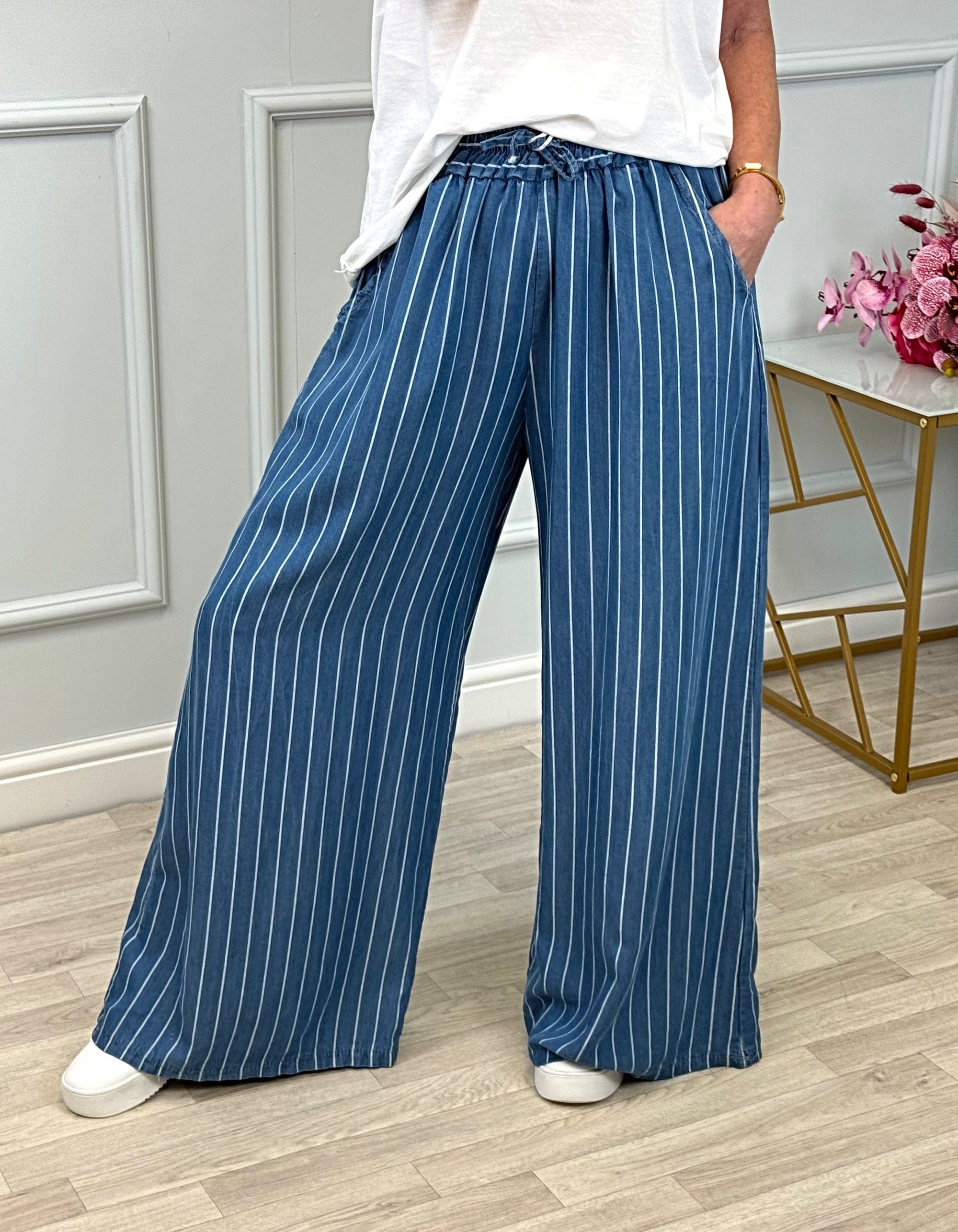 Lara Wide-Leg Chambray Stripe Trousers Sizes 8-18
