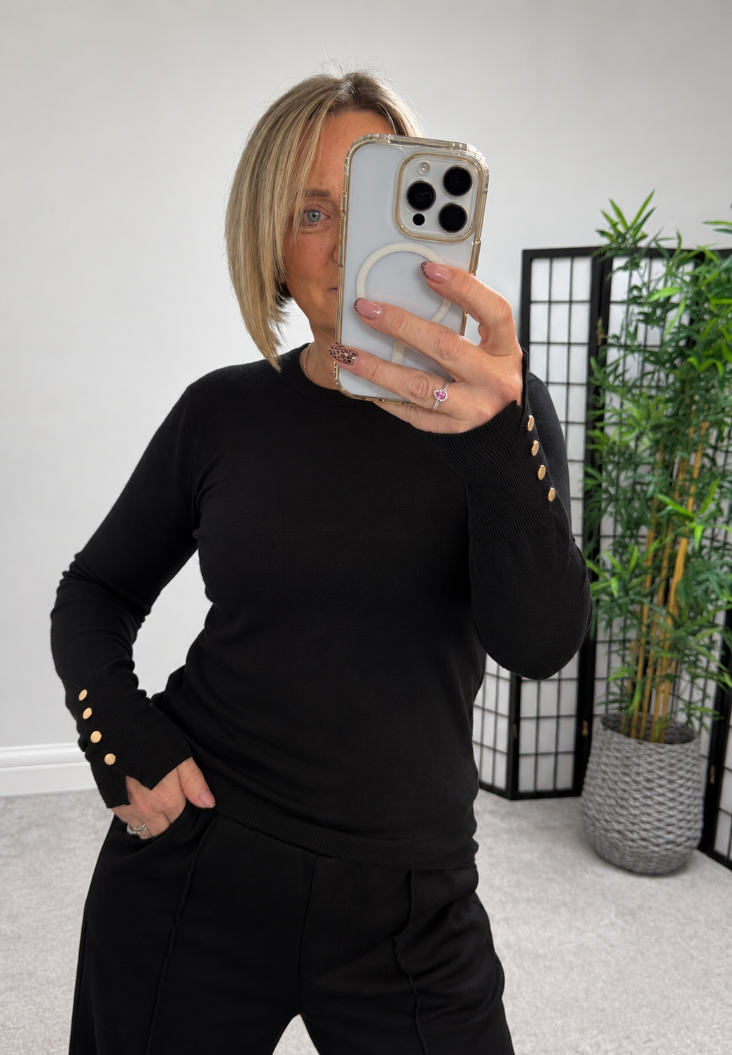 Nellie Gold Button Cuff Jumper – Black