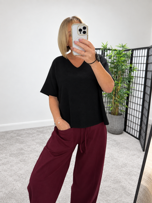 Serelai Luxe V-Neck Wide-Sleeve Jumper – Black