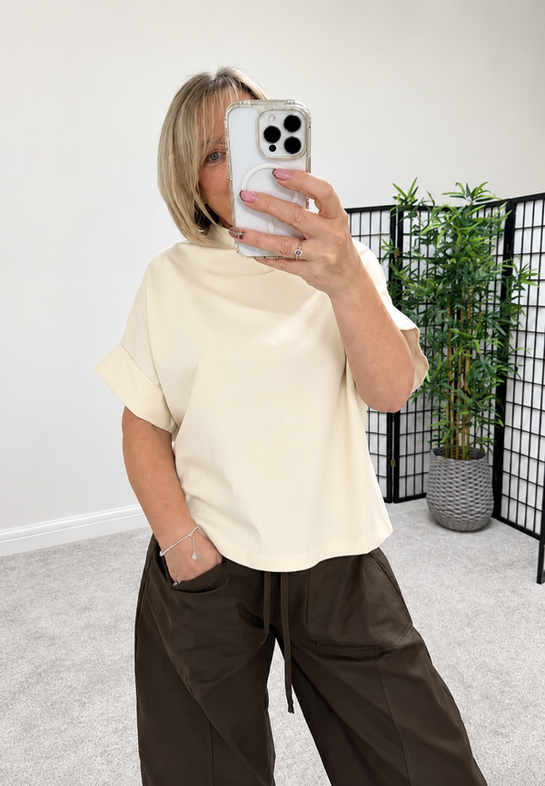Darcy Cotton Funnel Neck Sweat Top – Cream