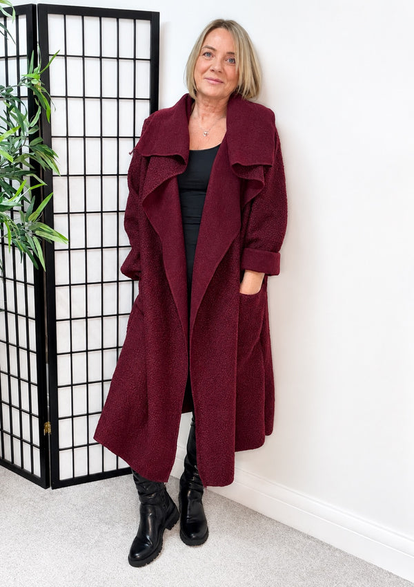 Hattie Bouclé Waterfall Coat – Burgundy