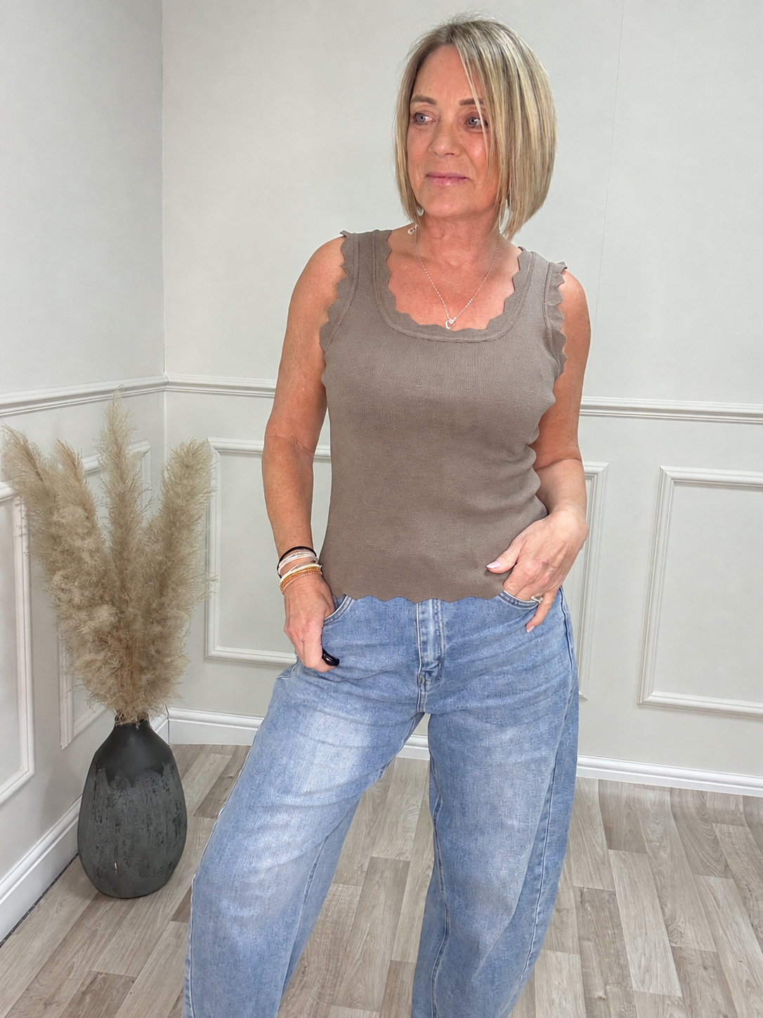 Scalloped Edge Ribbed Vest Top 8-18 Mocha