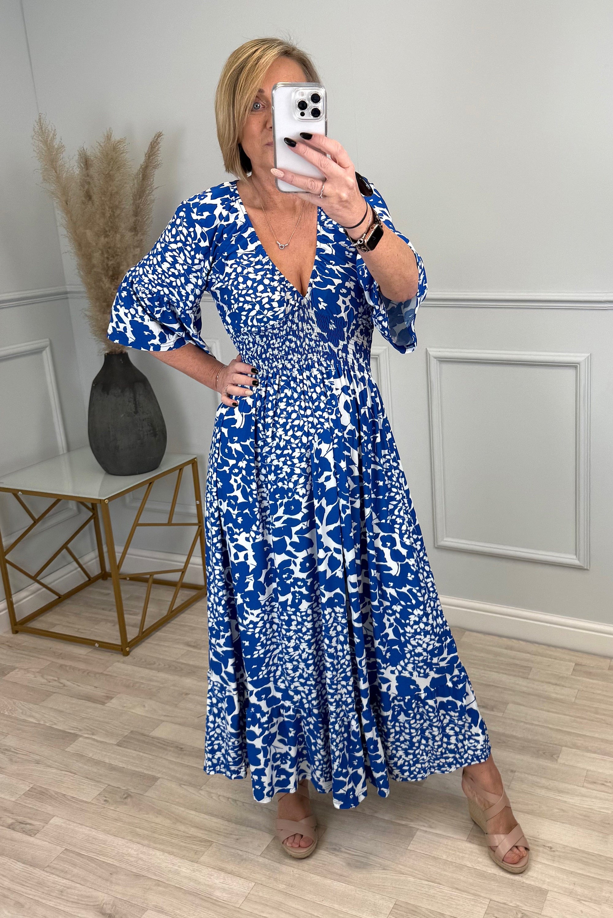Azalea Floral V-Neck Shirred Waist Midi Dress - Flowy & Elegant Design (Sizes 8-20) - Susie's Boutique