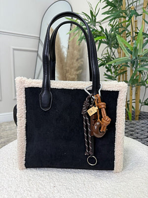 Teddy-Trim Suedette Charm Tote Bag ( more colours )