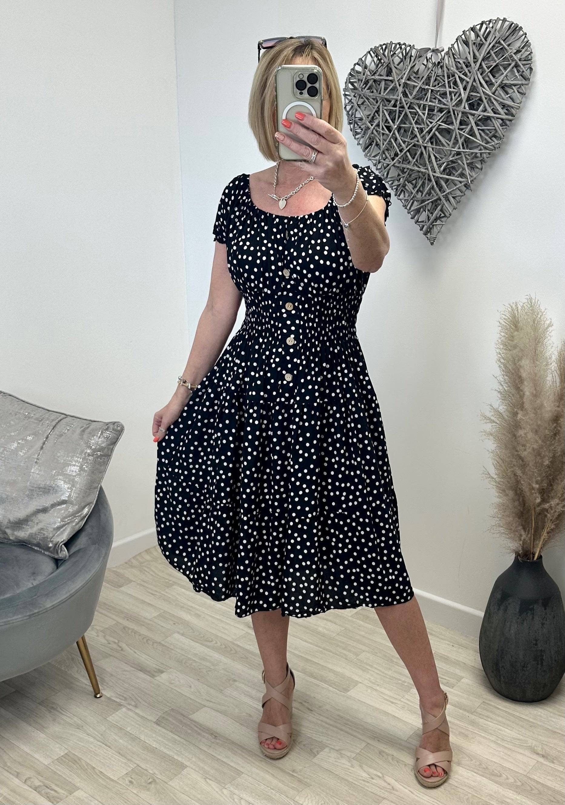 Lisa Polka Dot Magic Midi Dress 8-22 with pockets Black