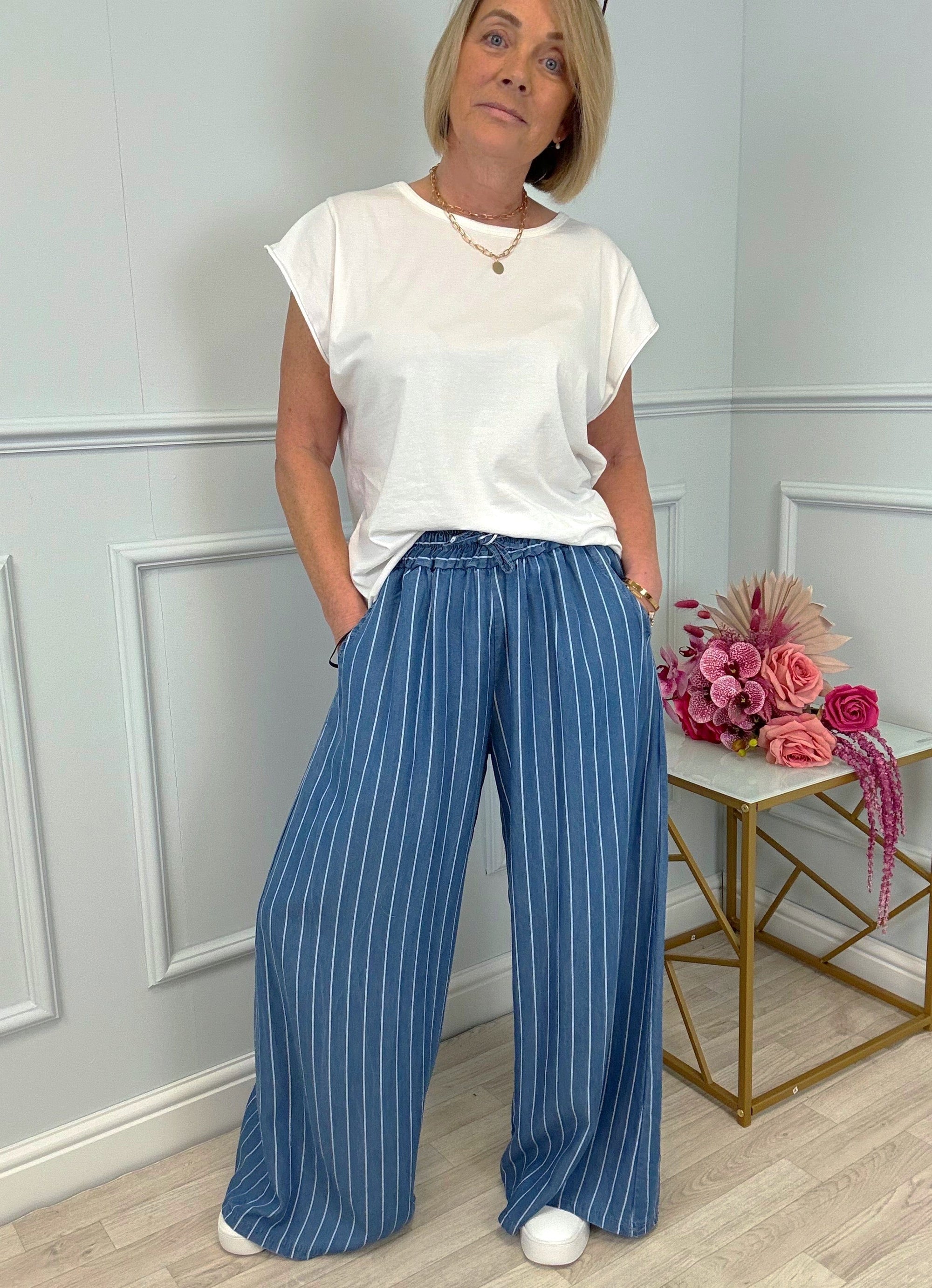 Lara Wide-Leg Chambray Stripe Trousers Sizes 8-18