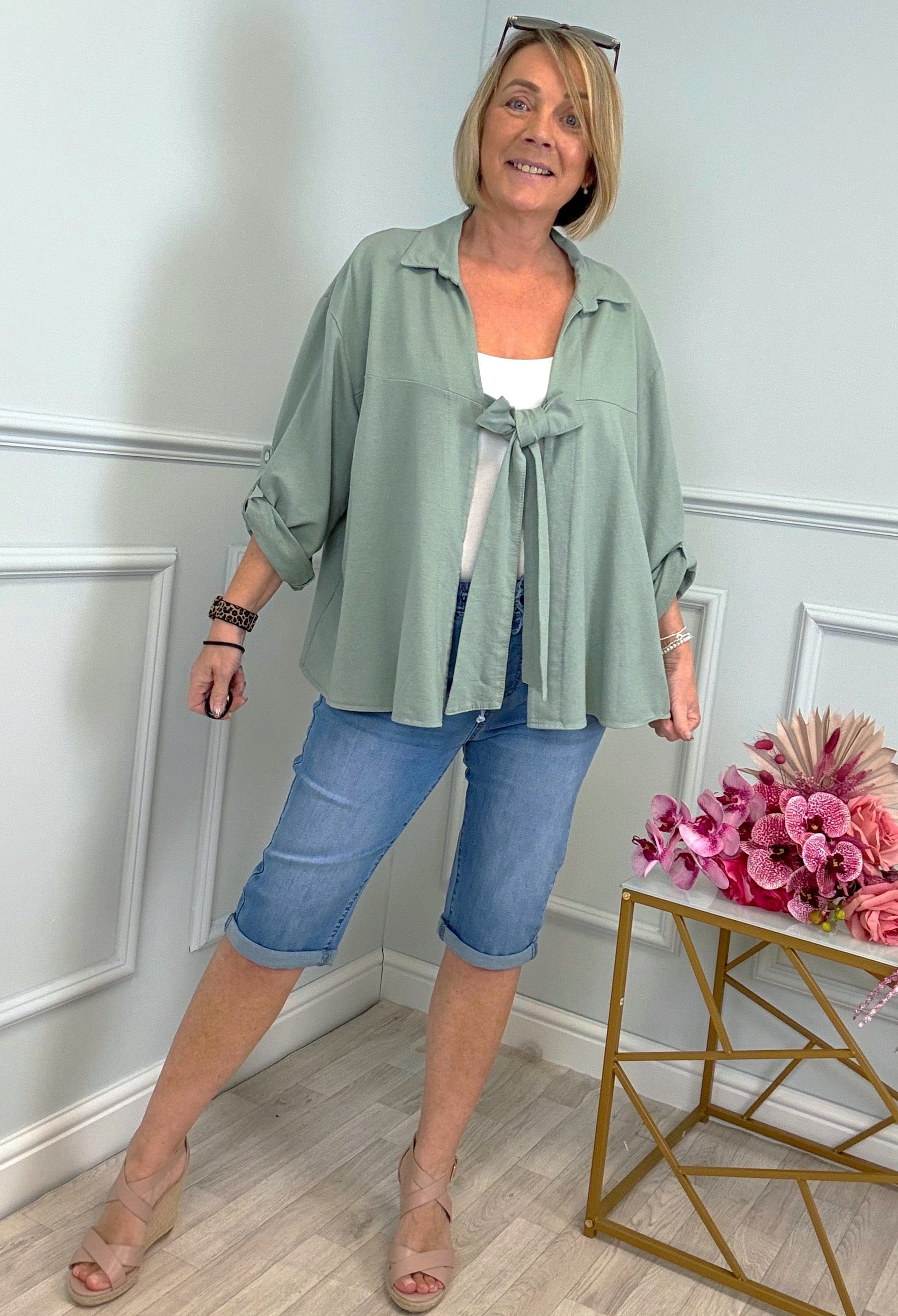 Eliza Tie-Front Lightweight Jacket with Roll-Up Sleeves 10-20 Sage - Susie's Boutique