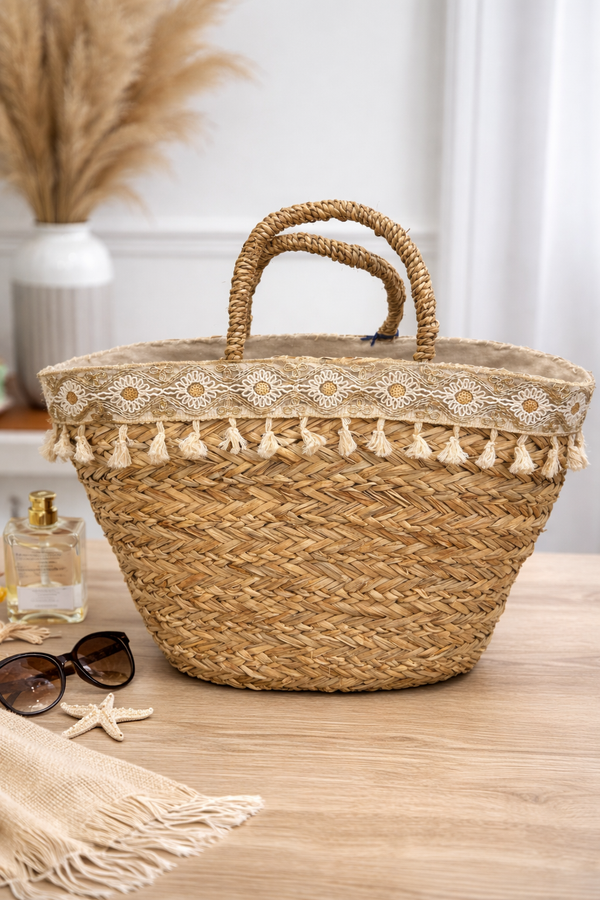 Lace Trim Tassel Woven Straw Beach Tote Bag Large
