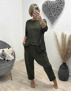 Kira Quirky Angled Zip Top 10-18 Khaki - Susie's Boutique