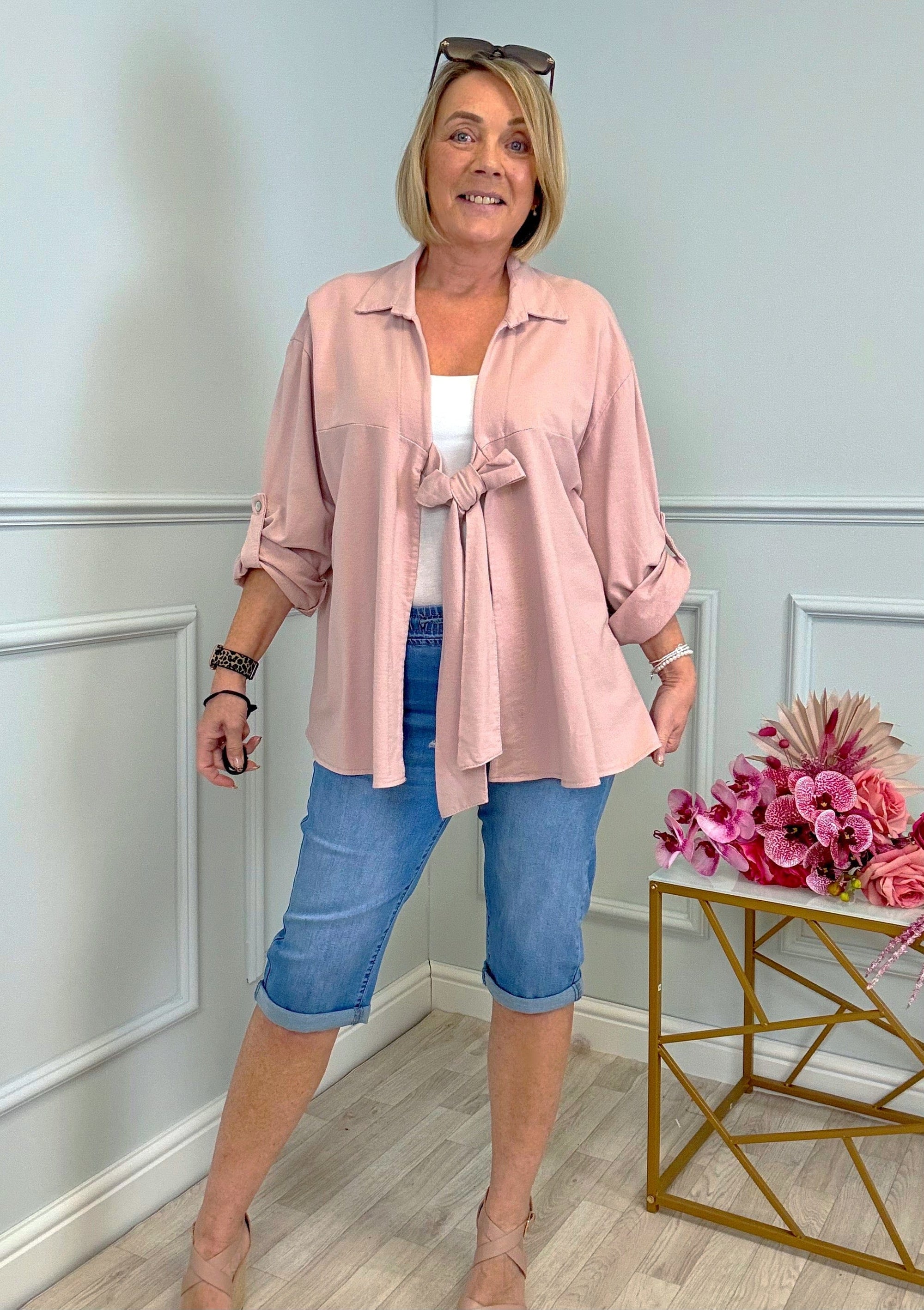 Eliza Tie-Front Lightweight Jacket with Roll-Up Sleeves 10-20 Pink
