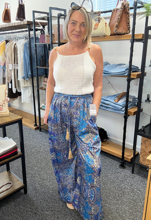 Mila Paisley Wide-Leg Tassel Trousers 8-16 Blue