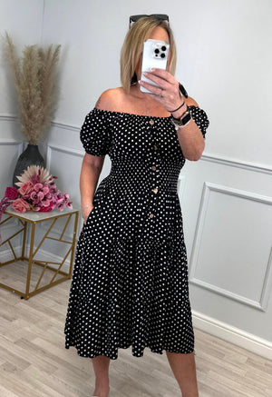 Lisa Polka Dot Magic Midi Dress 8-22 with pockets Black