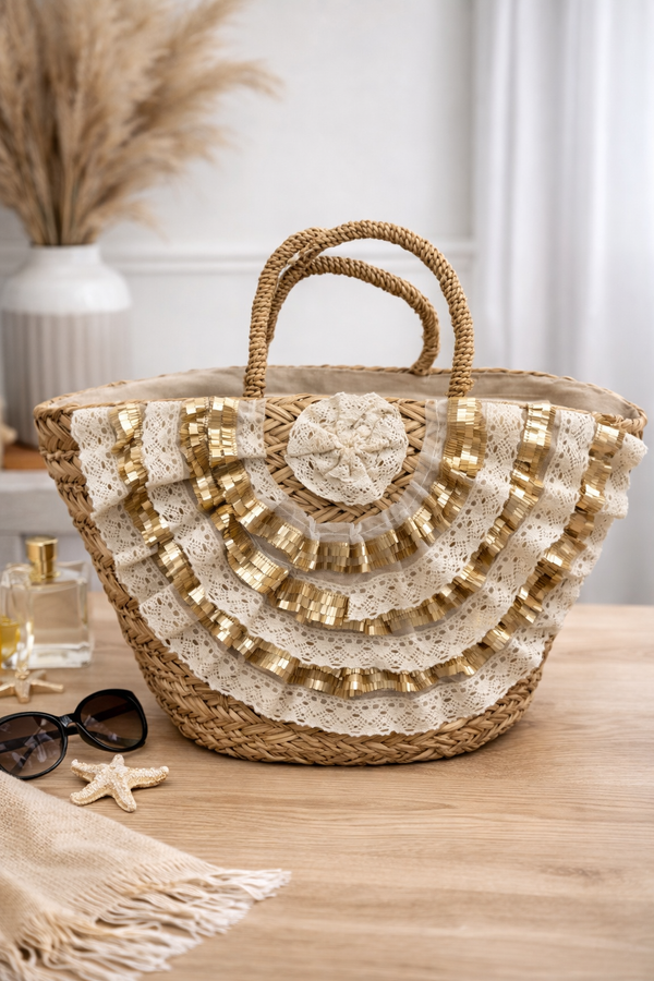 Sequin & Lace Trim Woven Straw Beach Tote Bag Large