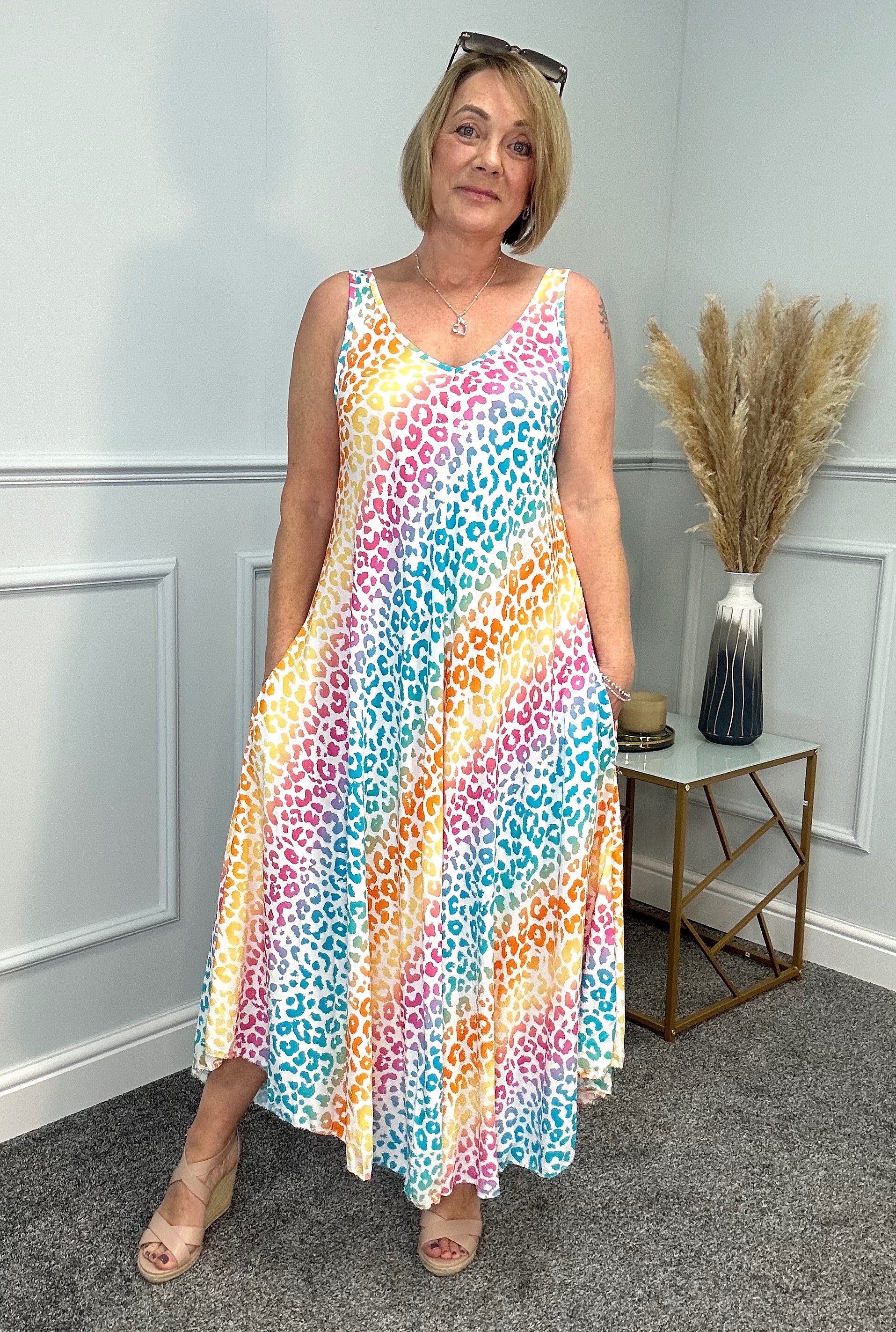 Sienna V-Neck Rainbow Leopard Maxi Dress 8-18 Pastel