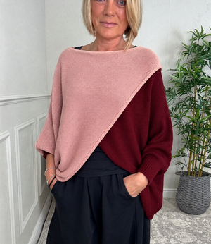 Orla Two Tone Crossover Knitted Jumper – Blush Pink & Plum