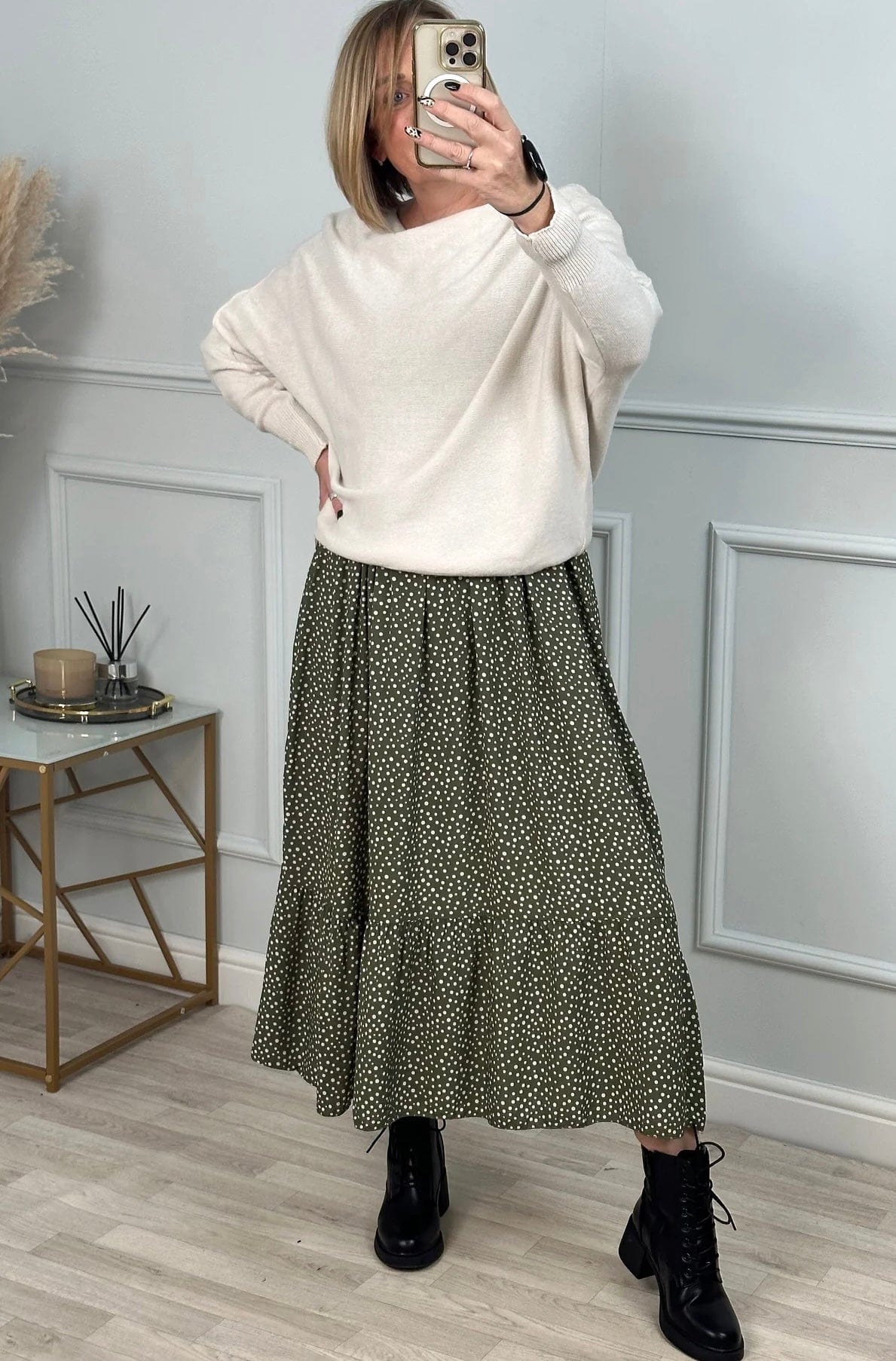 Leyla Sheered Polka Dress 10-16 Khaki - Susie's Boutique