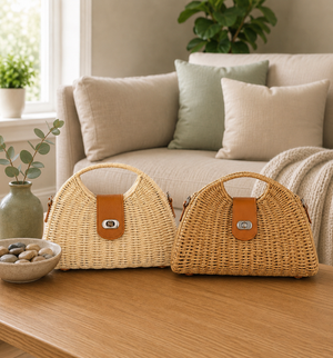 Woven  Half Moon Handbag with Body Strap Natural